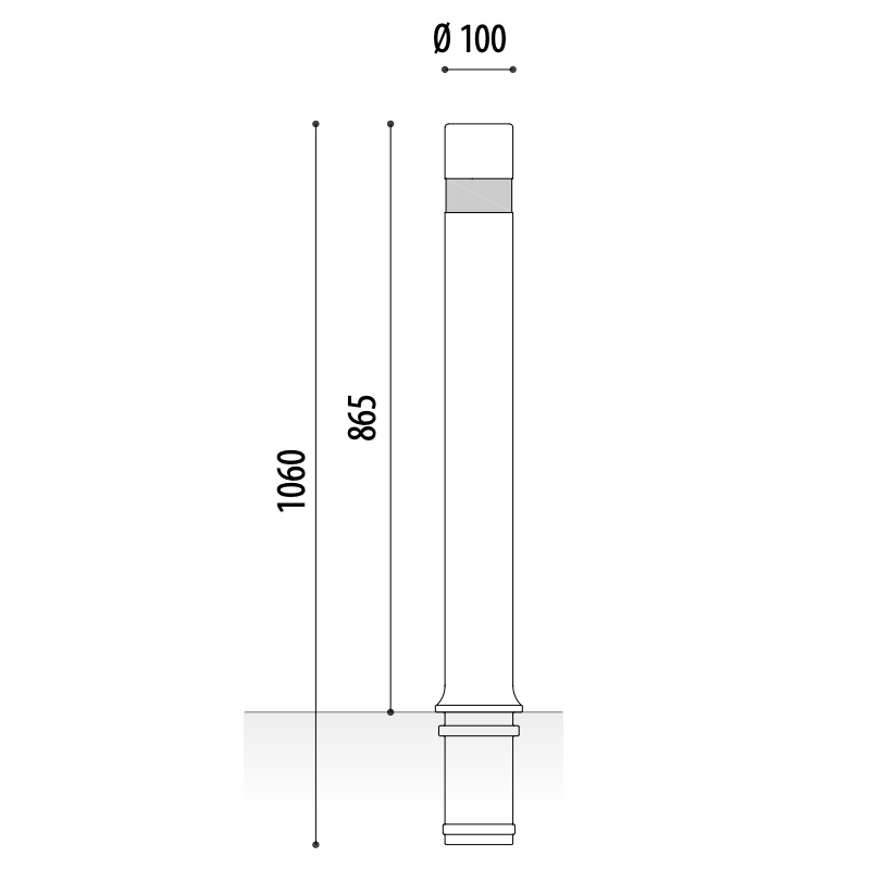 Rysunek wymiarowy słupka ADO A-Flex Ø100 mm, wysokość widoczna 865 mm, całkowita 1060 mm