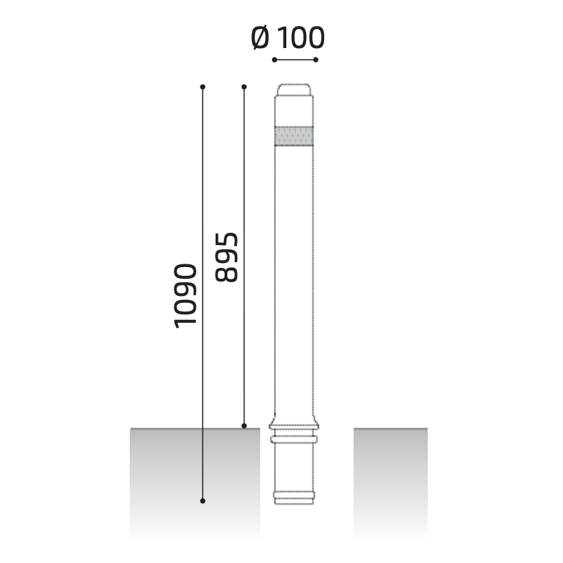 Rysunek techniczny wymiarów słupka parkingowego ADO A-Flex z solarnym oświetleniem LED do stałego osadzenia