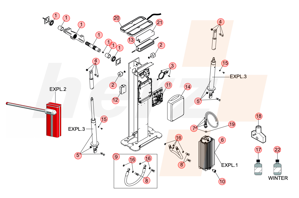 SCHEMAT CZĘŚCI SERWISOWYCH SZLABANU FAAC B680H 115V UL/C