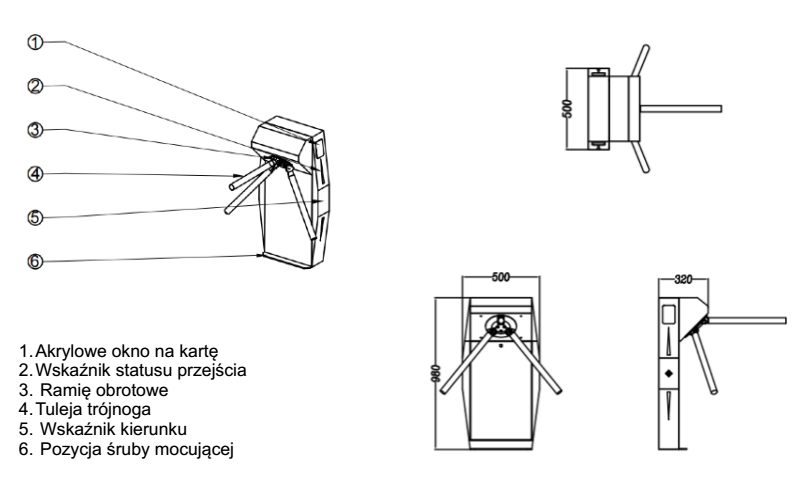 RYSUNEK WYMIAROWY BRAMKI OBROTOWEJ TRIPOD CP-LX100 SA