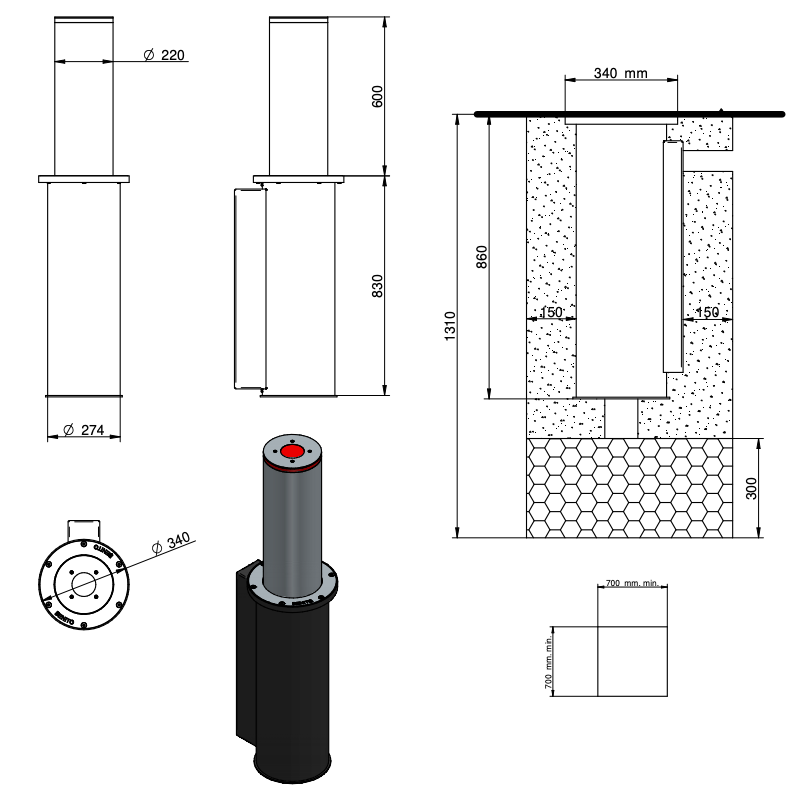WYMIARY SŁUPKA AUTOMATYCZNEGO BLOKUJĄCEGO ULICZNEGO BENITO PLAZA H60013