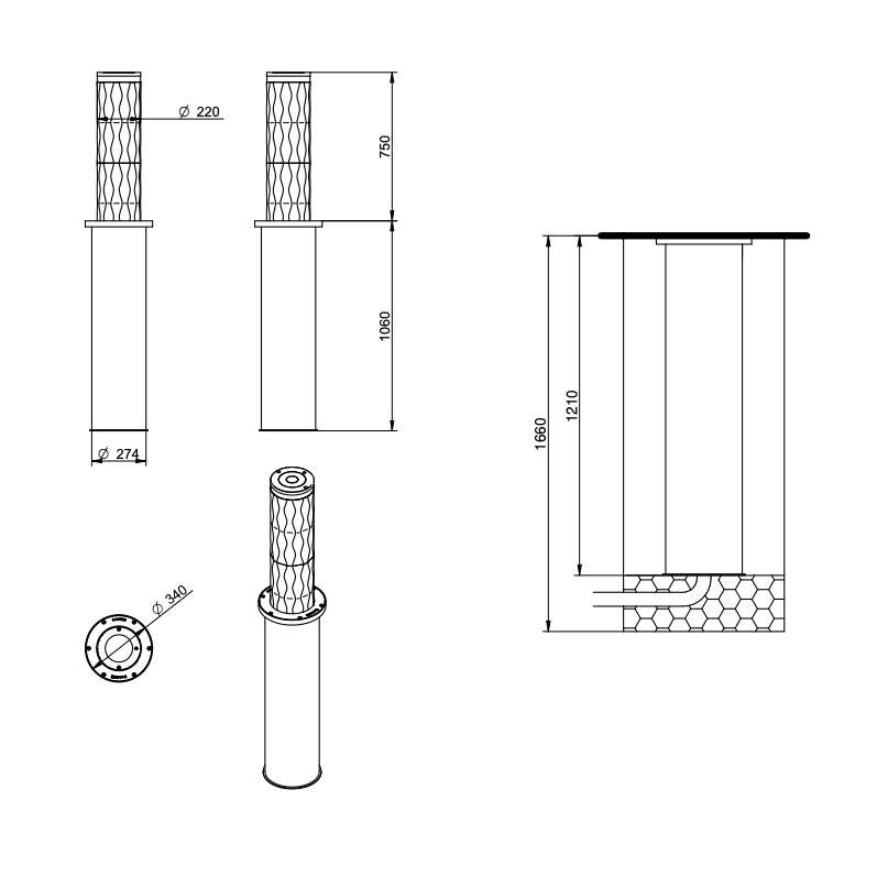 WYMIARY SŁUPKA PÓŁAUTOMATYCZNEGO BLOKUJĄCEGO ULICZNEGO BENITO RAMBLA H2208H75R